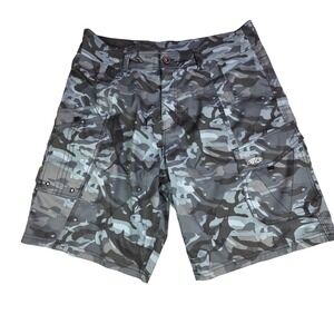 AFTCO Camo Fishing Board Shorts Size 34x9 Unlined Lightweight Quick Dry Blue